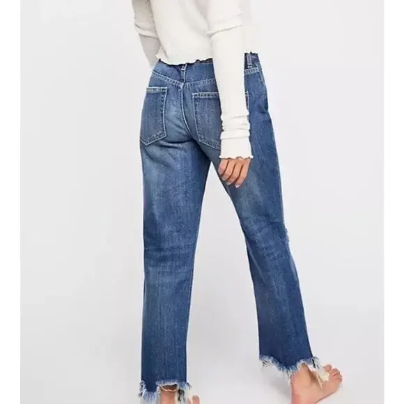 Free People Maggie Midrise Jeans Sequoia Blue Size 25 28x27 Distressed Hem Raw - Picture 2 of 11